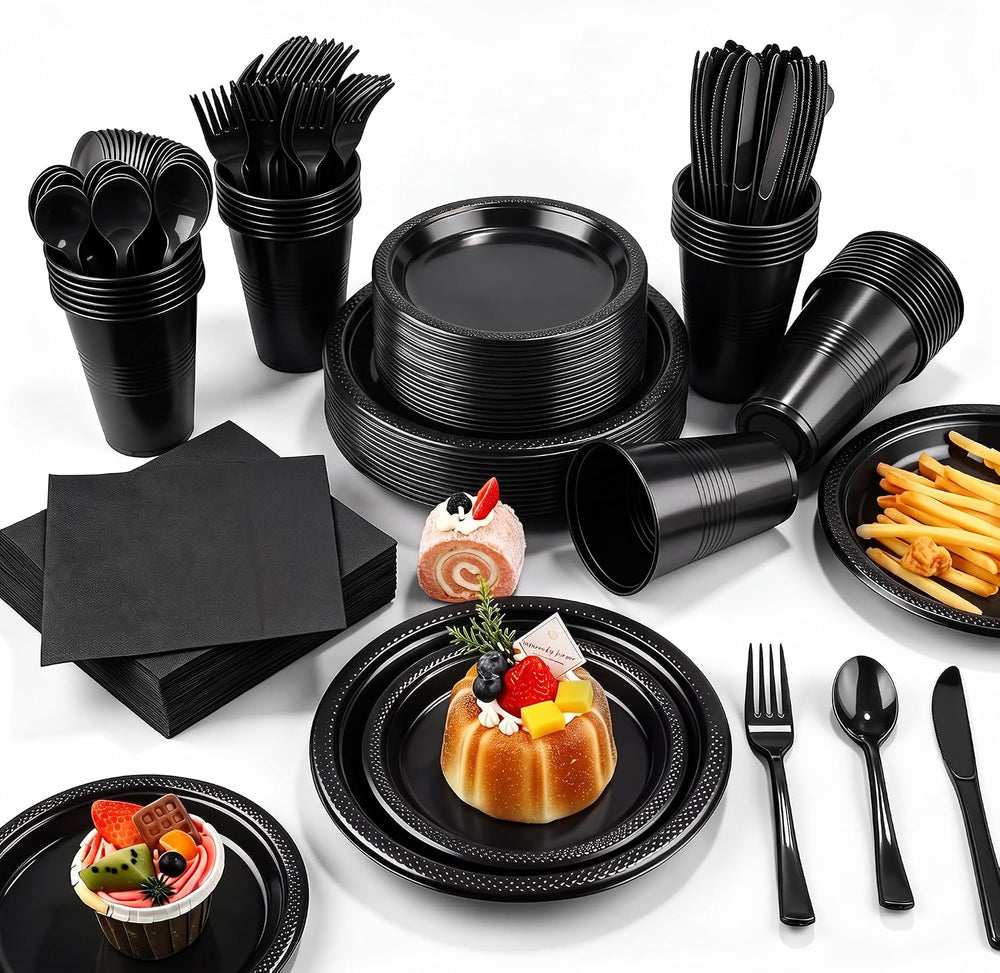 Kochorie 480 Pieces Black Plastic Dinnerware Set for 60 Guests Disposable Hea...