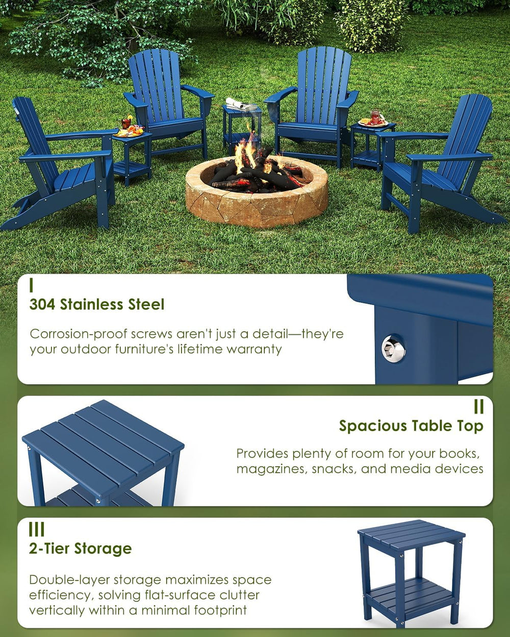 GREENVINES Outdoor Side Table, HDPE 2-Tier Adirondack Tables, Blue