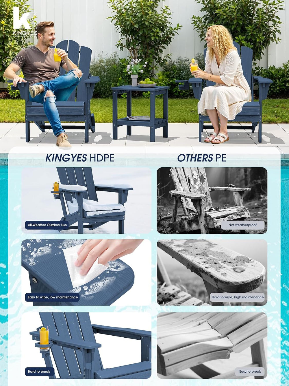 KINGYES Adjustable Adirondack Chairs Set of 2, Folding Outdoor Chair, Blue