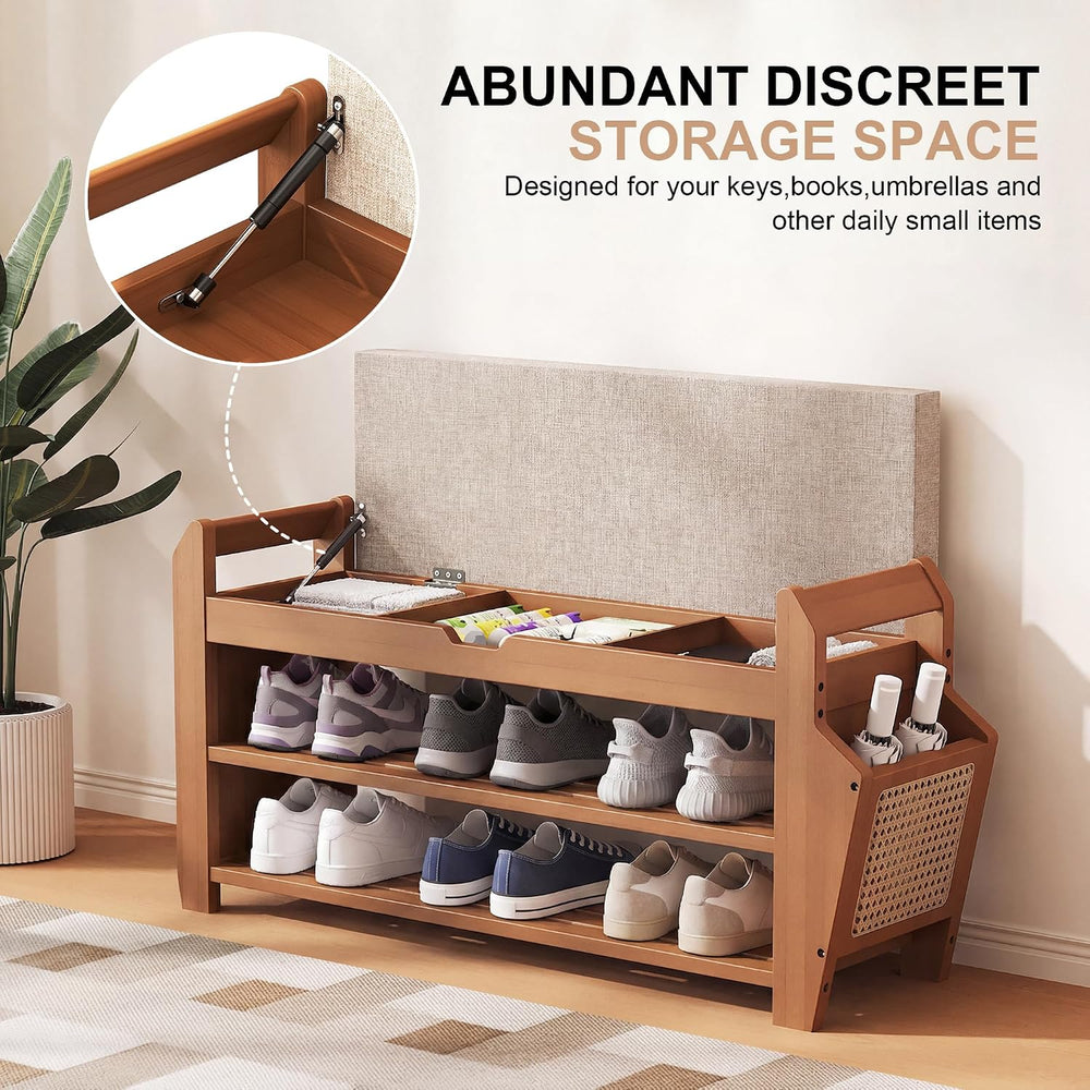 PETKABOO 31.5" Bamboo Shoe Rack Bench with Storage, 3-Tier Entryway Benc...