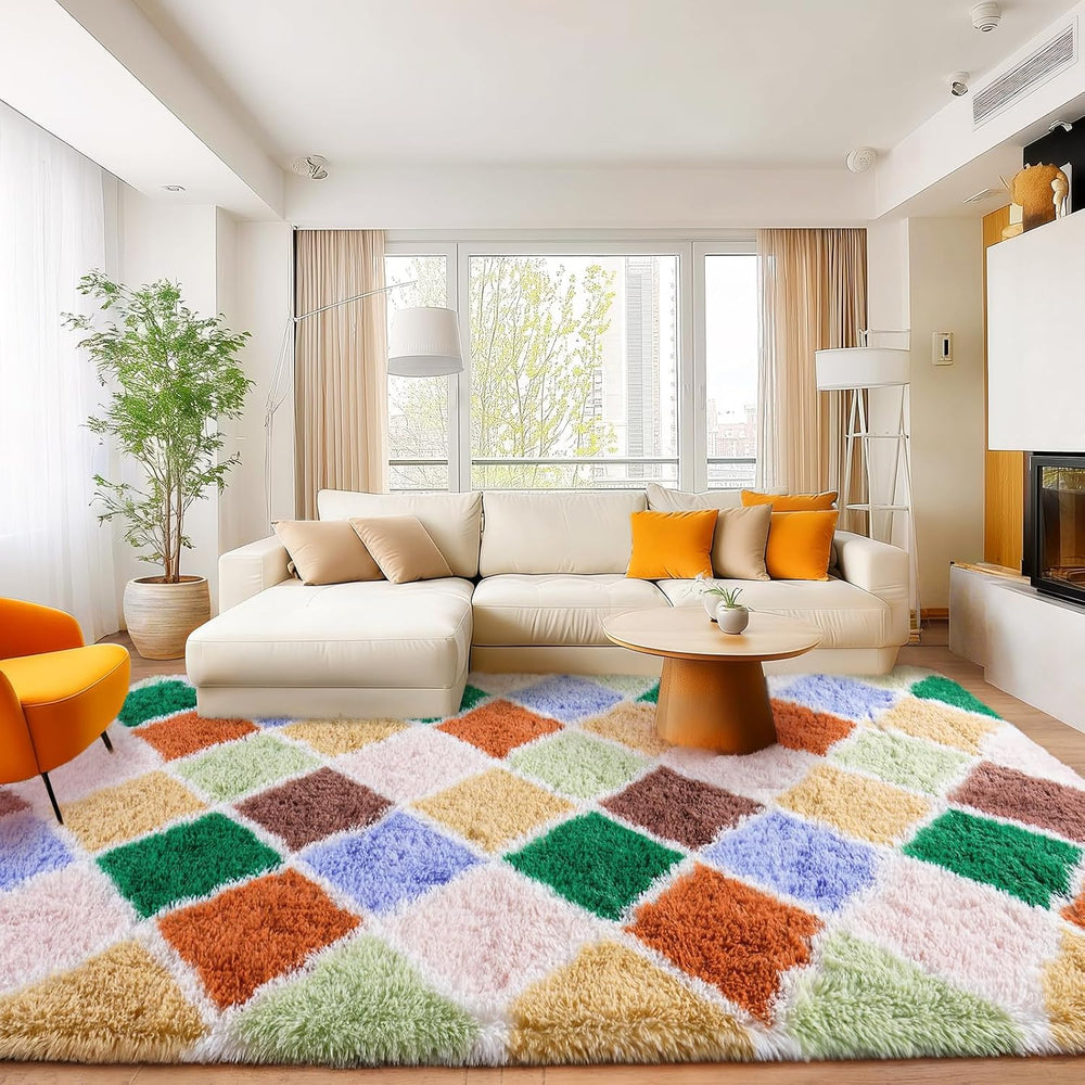Area Rugs for Living Room Bedroom 8x10, Colorful Fluffy Checkered Rug
