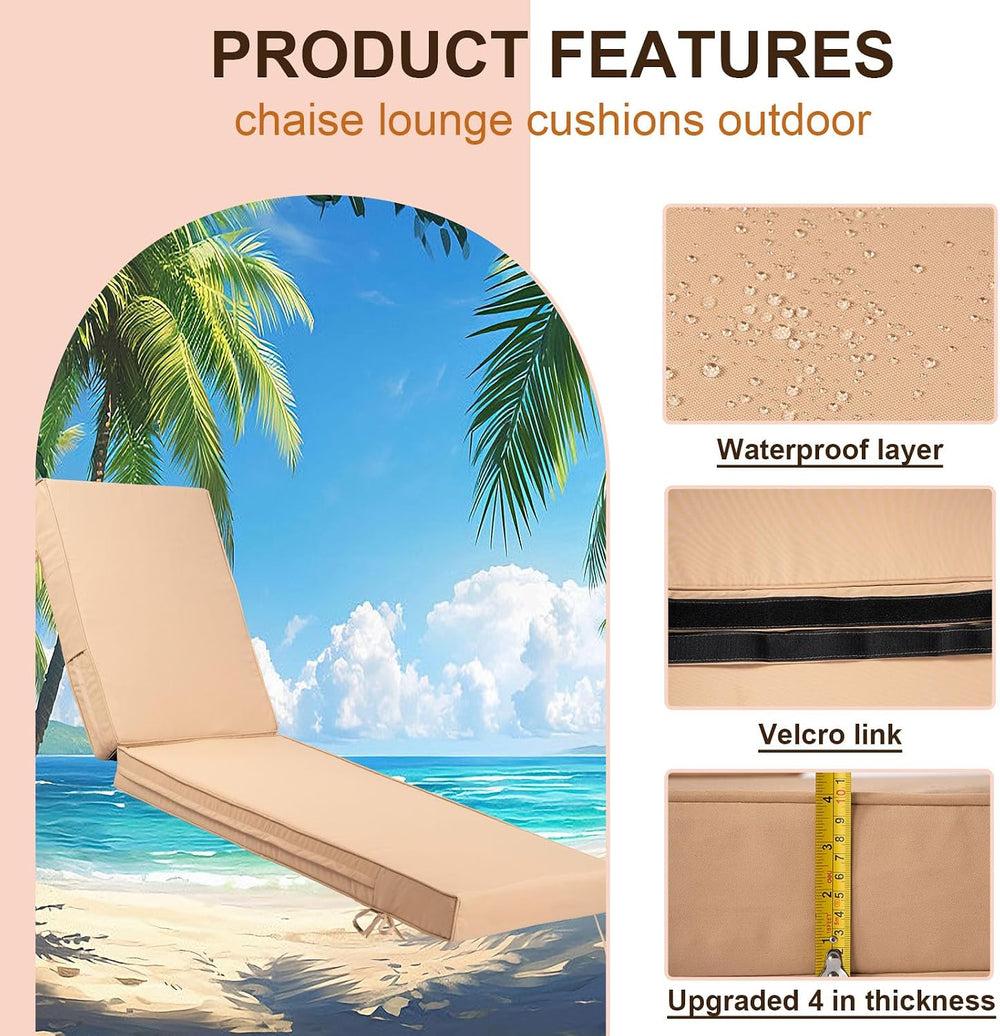 Outdoor Chaise Lounge Cushion, 4 Inch Thick Waterproof Fade Resistant Patio F...