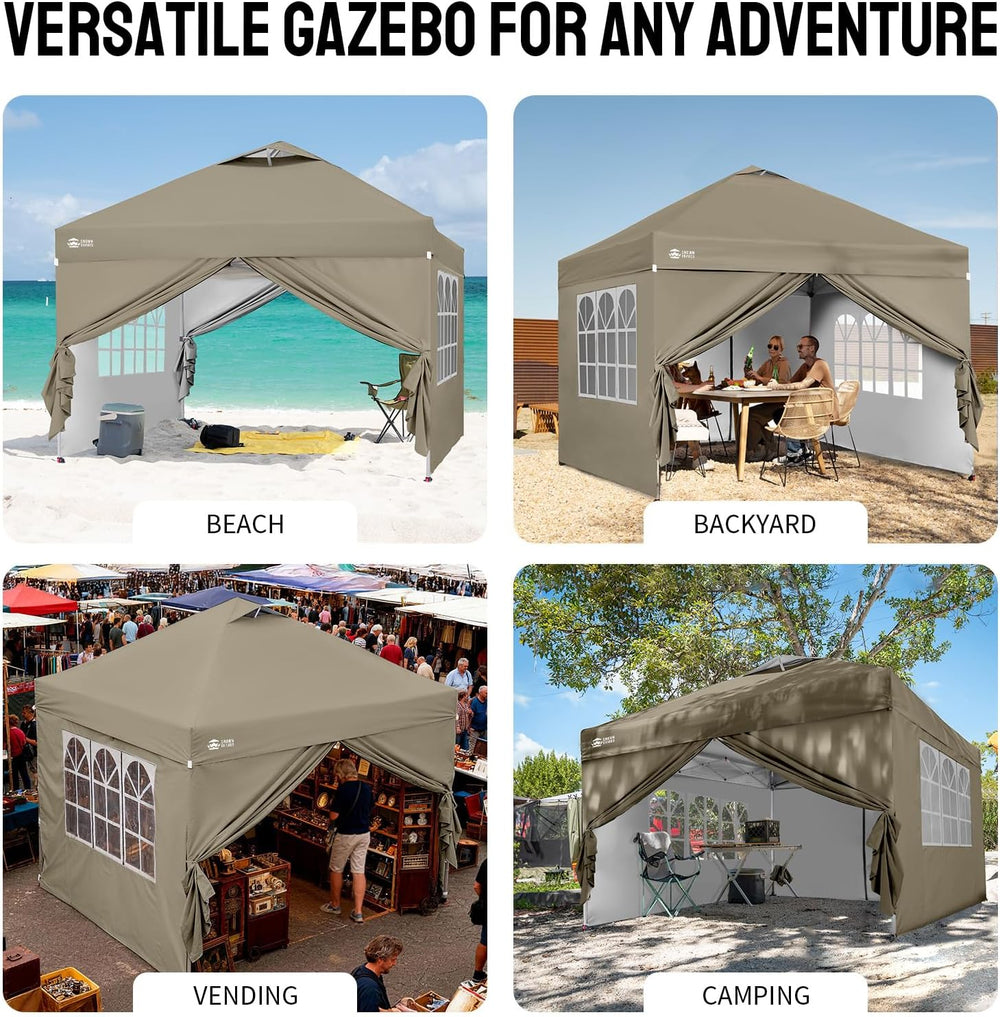 CROWN SHADES 10X10 Pop Up Canopy Tent with Sidewalls, One-Push Setup, Khaki