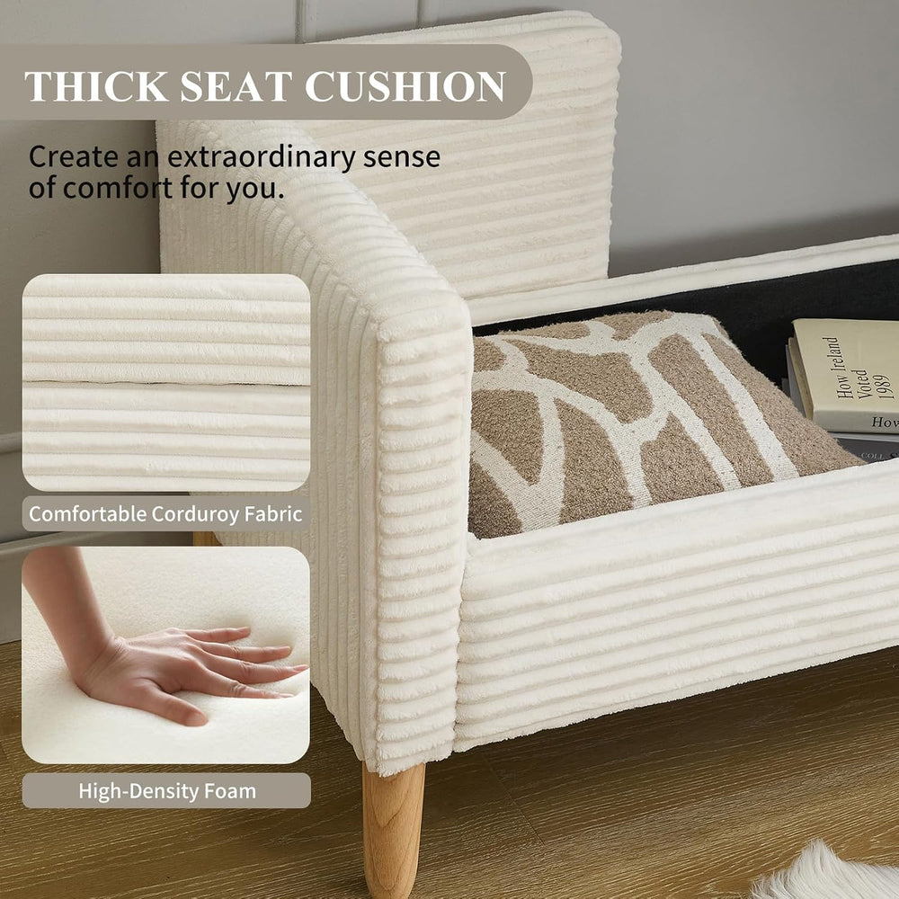 NIOIIKIT 65" Corduroy Upholstered Storage Ottoman Bench with Pillows White