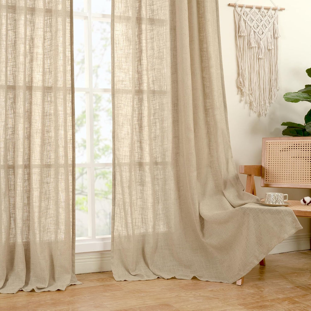 LAMIT Living Room Linen Curtains 95 Inch for Bedroom, Semi Sheer Panels