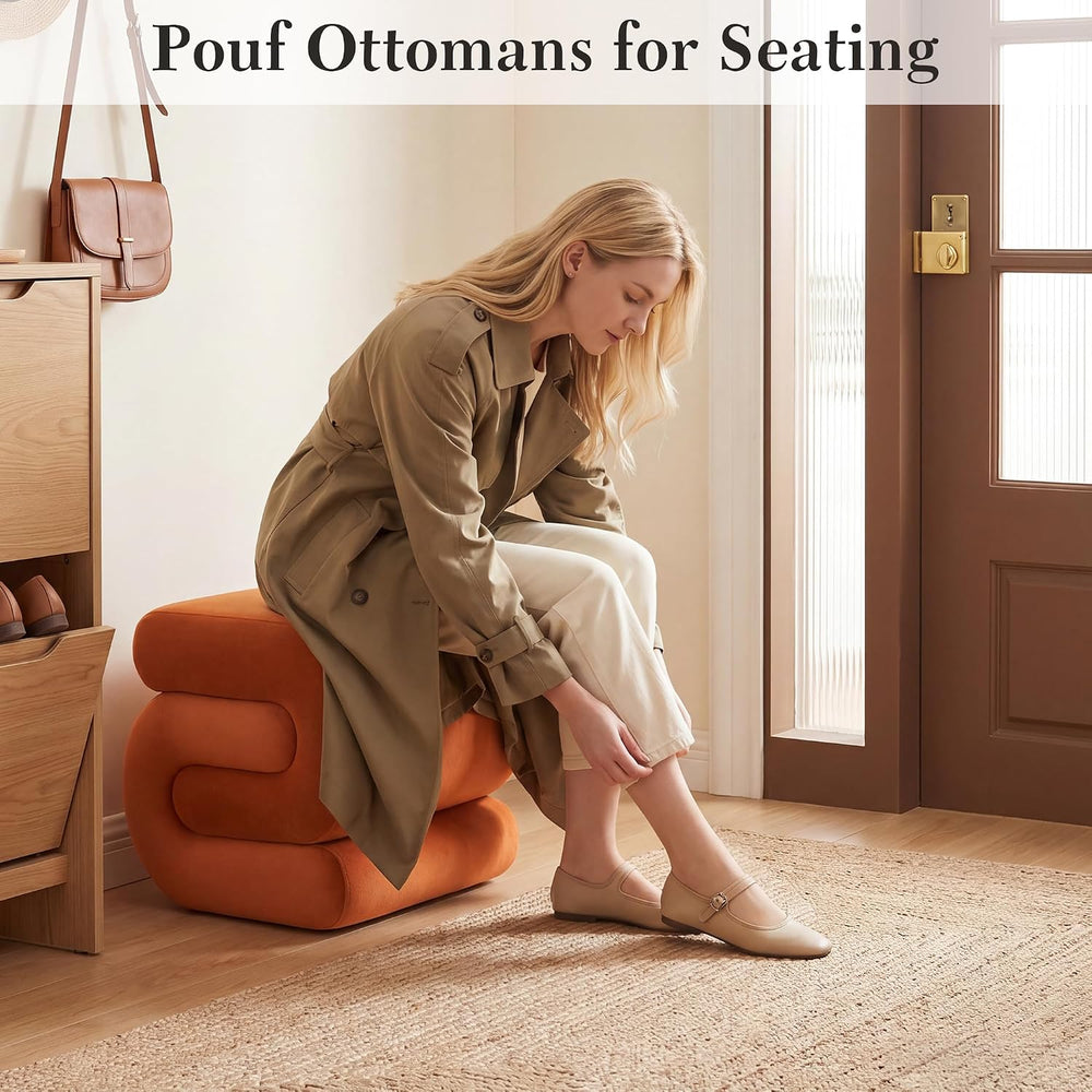 FOXHUNTER S Shape Modern Pouf Ottoman Vanity Stool, Velvet Orange