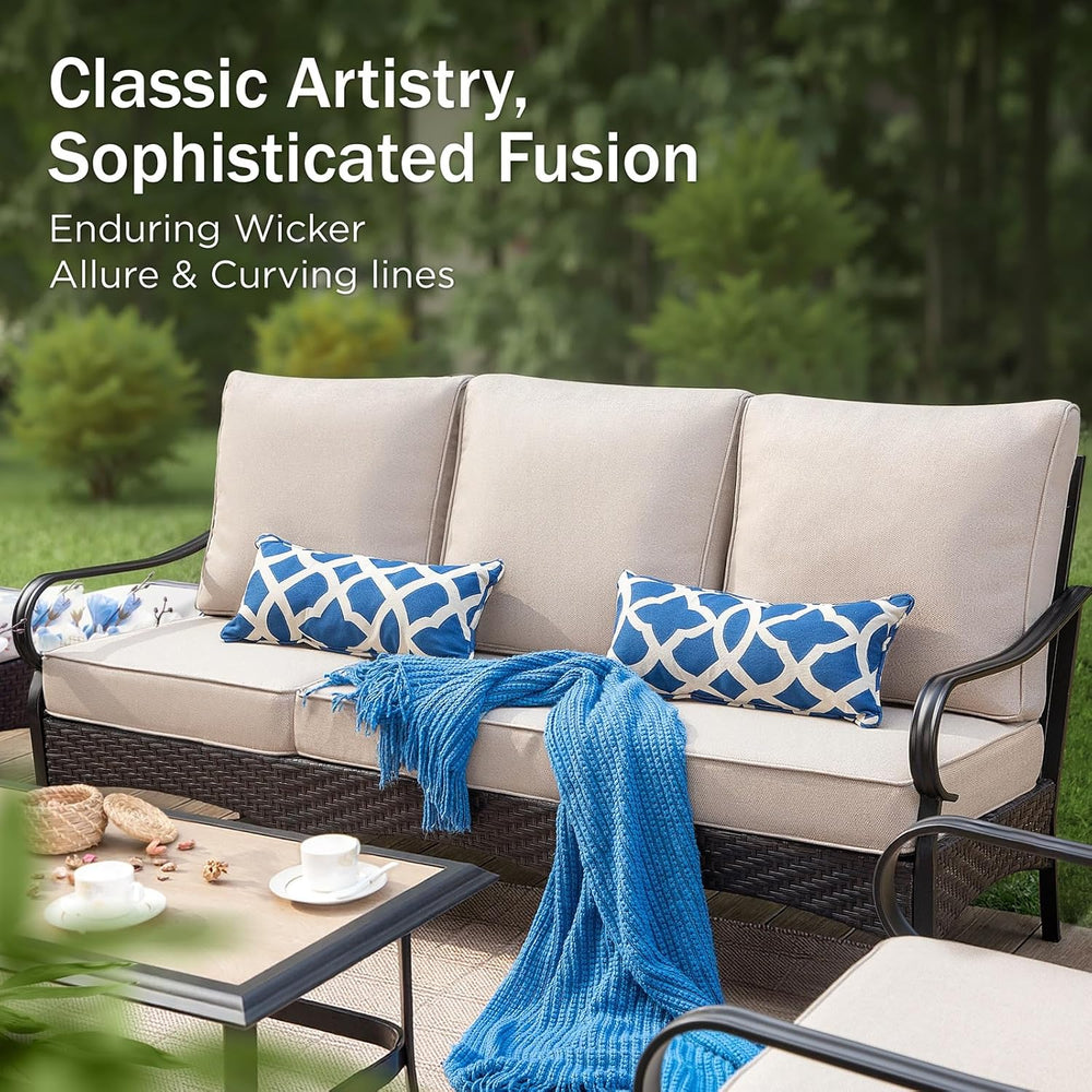 PHI VILLA Metal Patio Furniture Set, 4 Pieces Outdoor Sectional, Beige