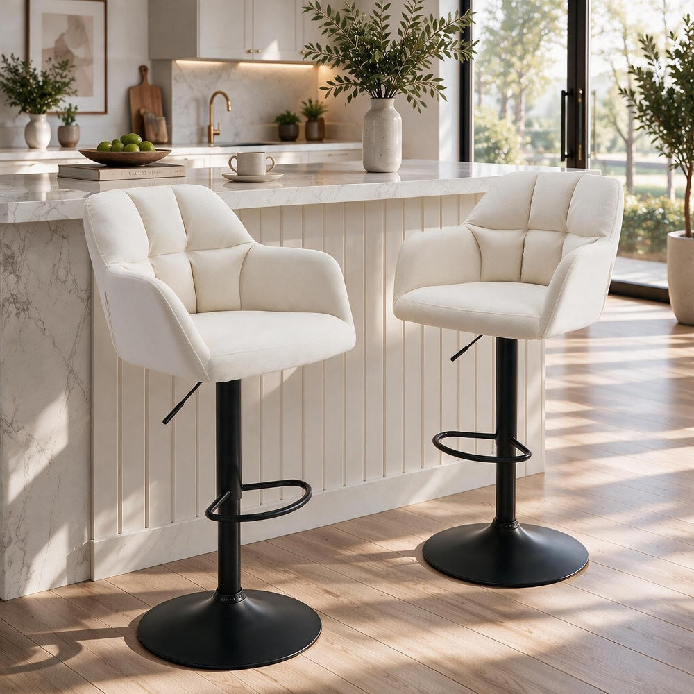 ROCITY Swivel Bar Stools Set of 2, Adjustable Height, Beige Velvet Fabric