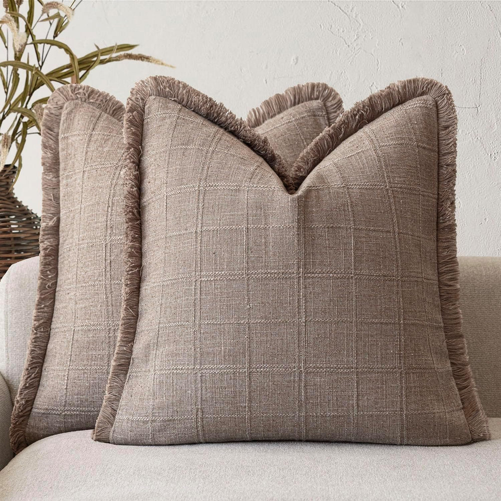 Foindtower Set of 2 Decorative Linen Check Fringe Throw Pillow Covers Farmhou...