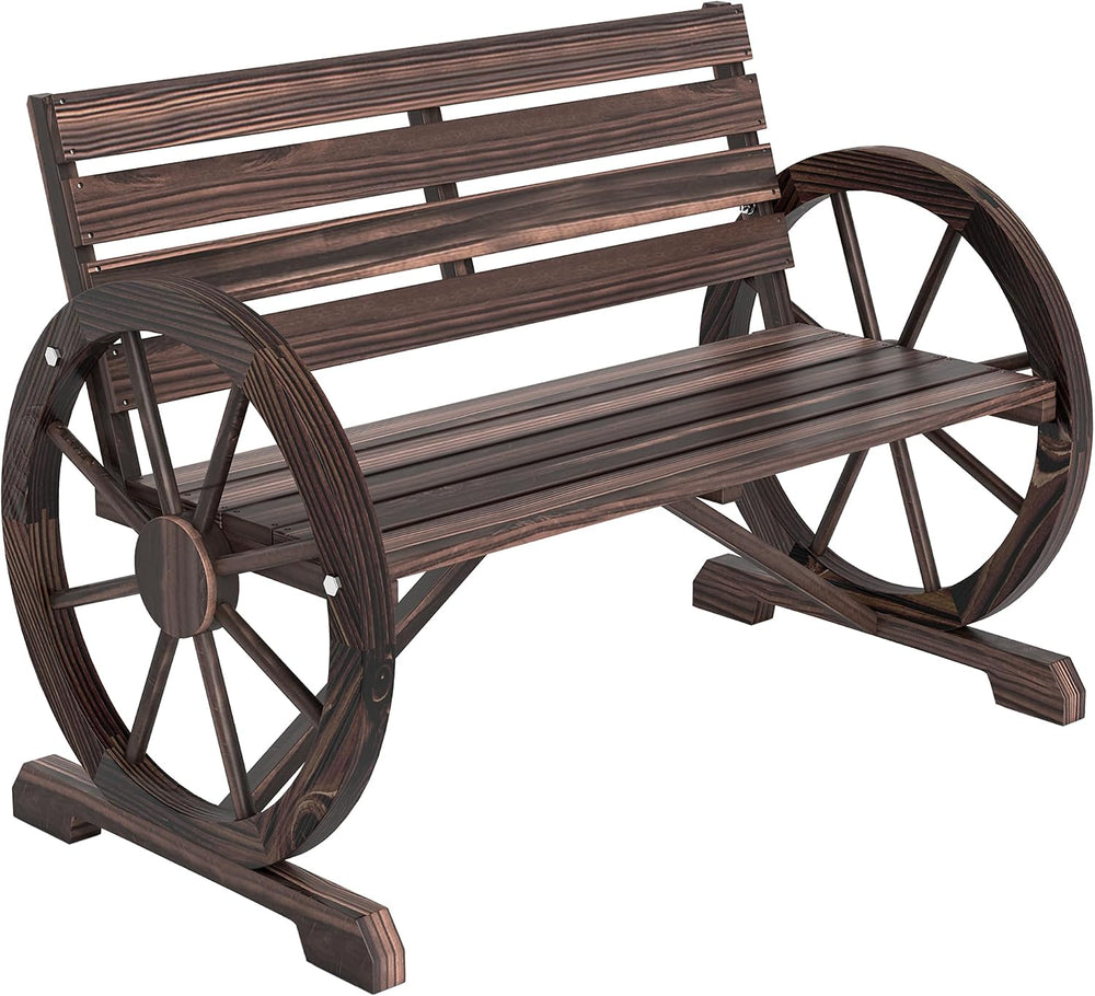Outsunny 41" Wooden Wagon Wheel Bench Rustic Outdoor 2-Person Carbonized