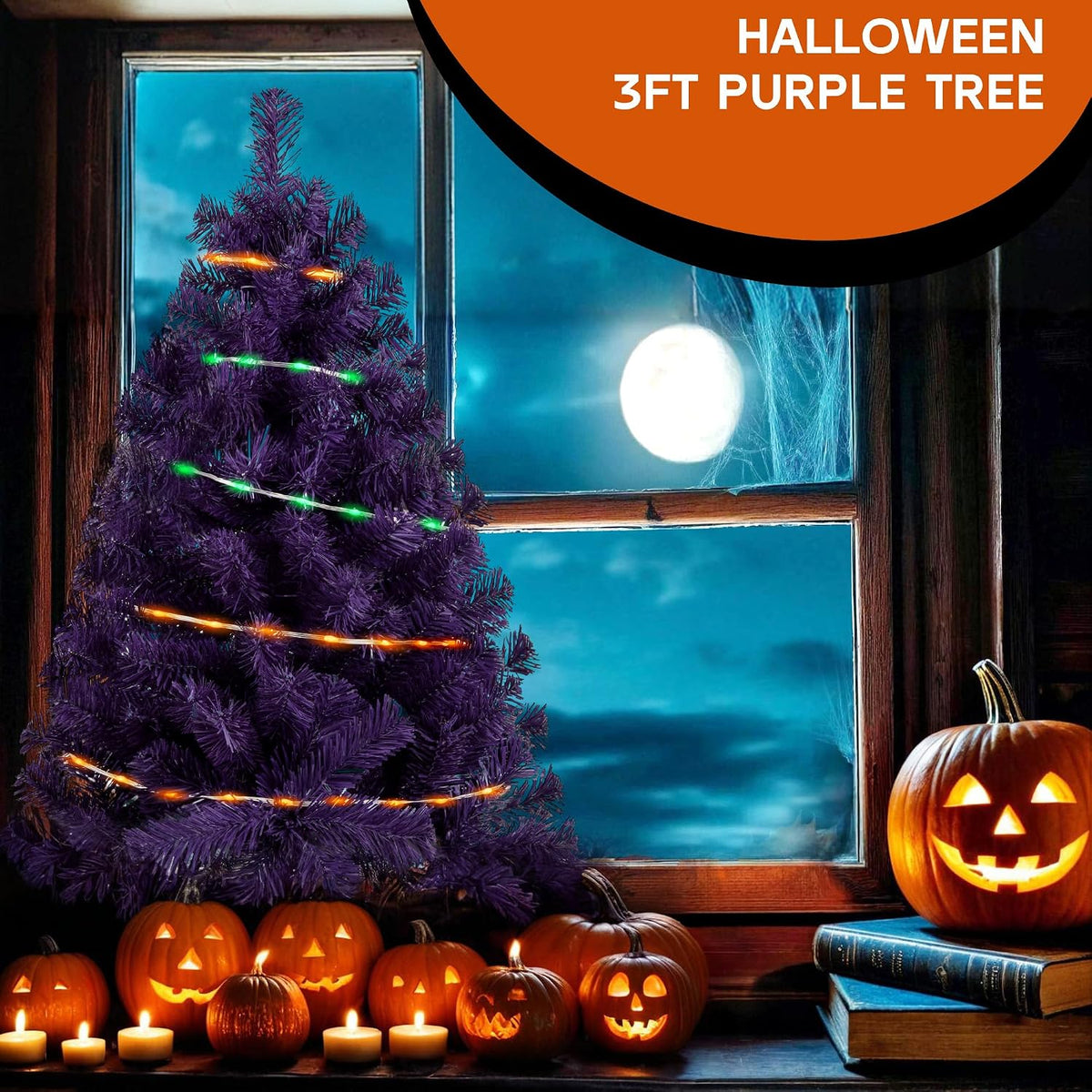 Purple 3ft Christmas Tree with Lights, Halloween 36inch Artificial Small Tree Mini Table Top Decorations, Xmas Desk Tree with 80 Color Lights, 200 Branch, Holiday Decor for Home,Indoor Office Tabletop