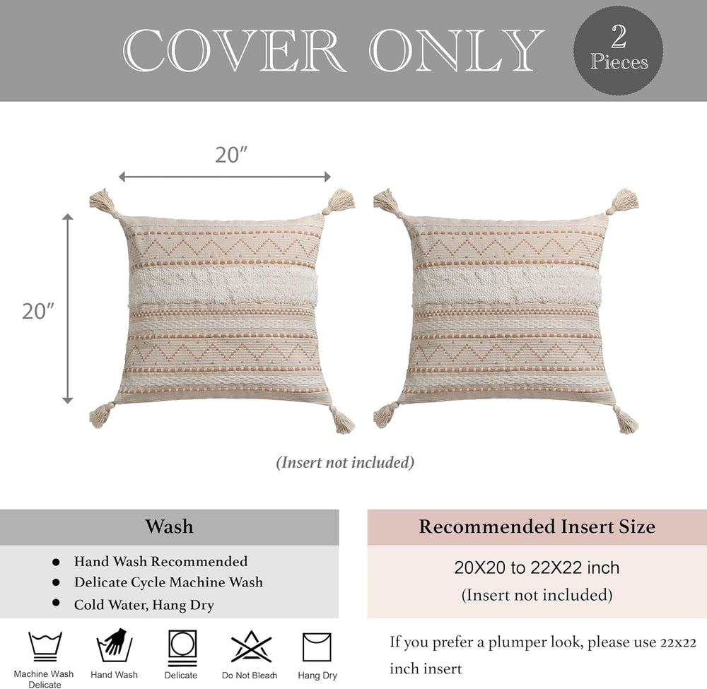 BlissBlush Decorative Throw Pillow Covers 20x20 Combo Set of 2 Square Cream N...