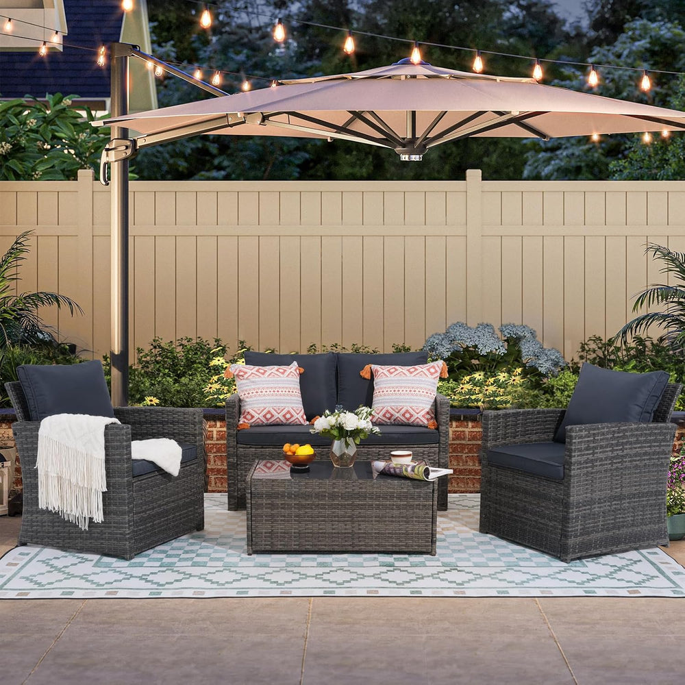 JOIVI 4 Piece Patio Furniture Set, Wicker Patio Conversation Set, Dark Gray