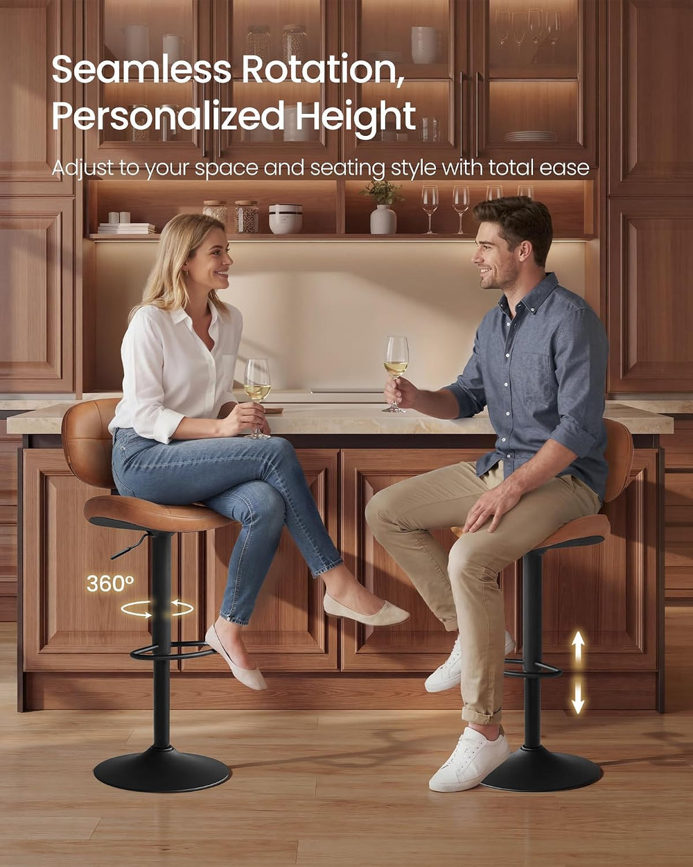 VASAGLE Bar Stools Set of 2, Height Adjustable Swivel Chairs, PU Leather