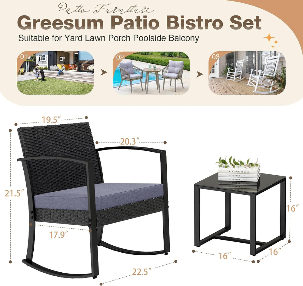 Greesum 3 Pieces Outdoor Furniture Set Patio Bistro Rocking Chairs with Glass...