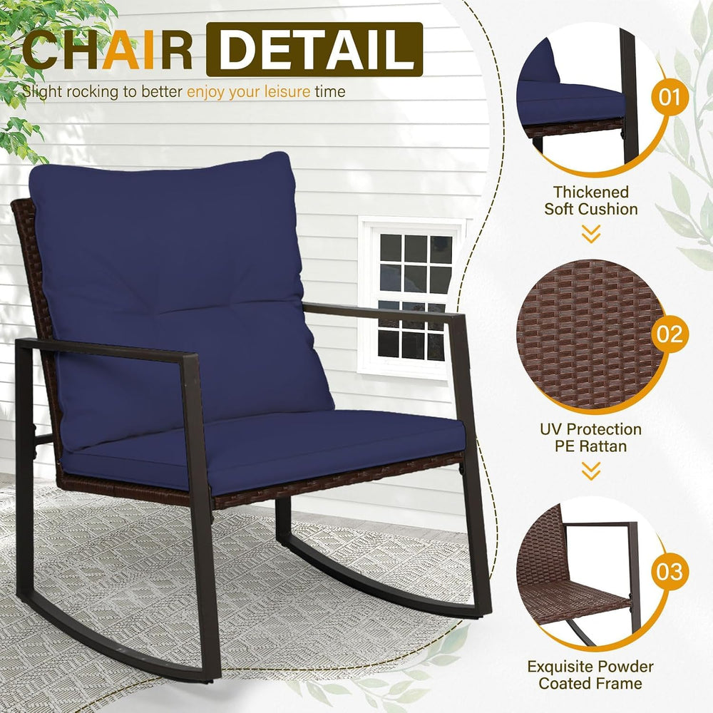 SUNCROWN 3 Piece Outdoor Rocking Bistro Set Brown Wicker Furniture Porch Chai...