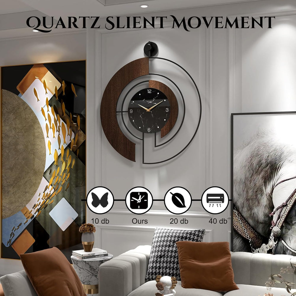 Modern Walnut Marble Dial Wall Clock, Large Wood Metal Frame Silent Non Ticki...