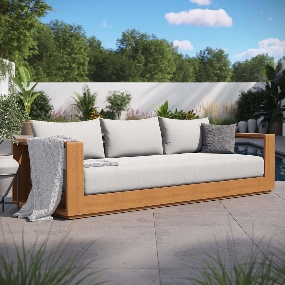Modway Tahoe Acacia Wood Outdoor Patio Sofa in Natural Light Gray with Weathe...