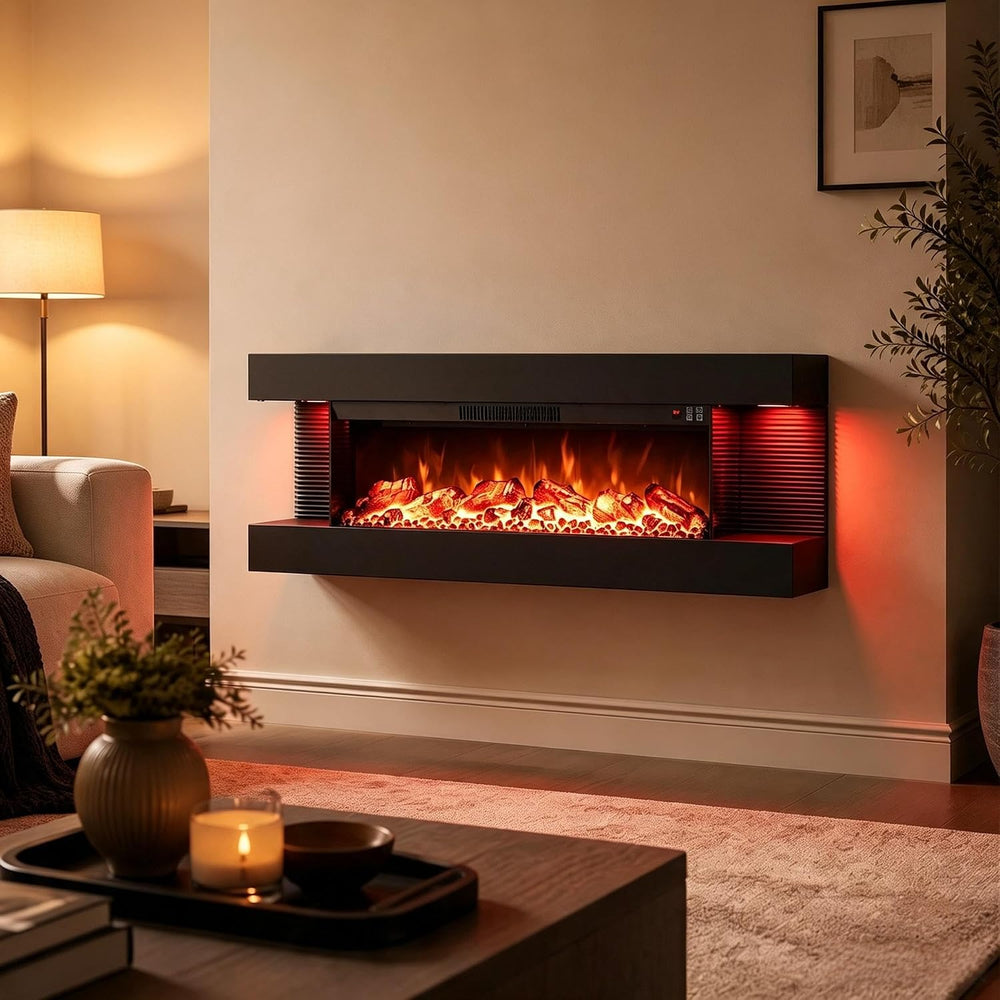 ORALNER 3 Sided Wall Mount Electric Fireplace w/ 50" Floating Mantel, Black