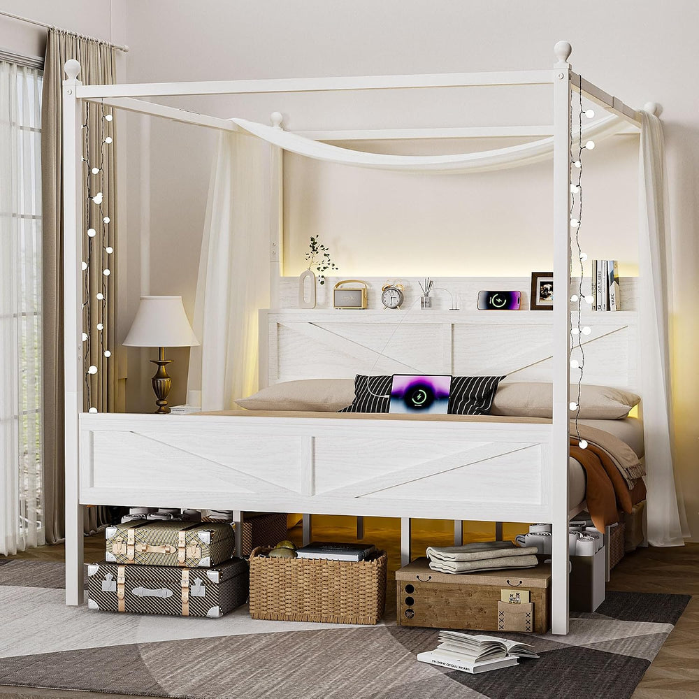 Canopy Bed Frame King Size with Barn Storage Headboard, Beige