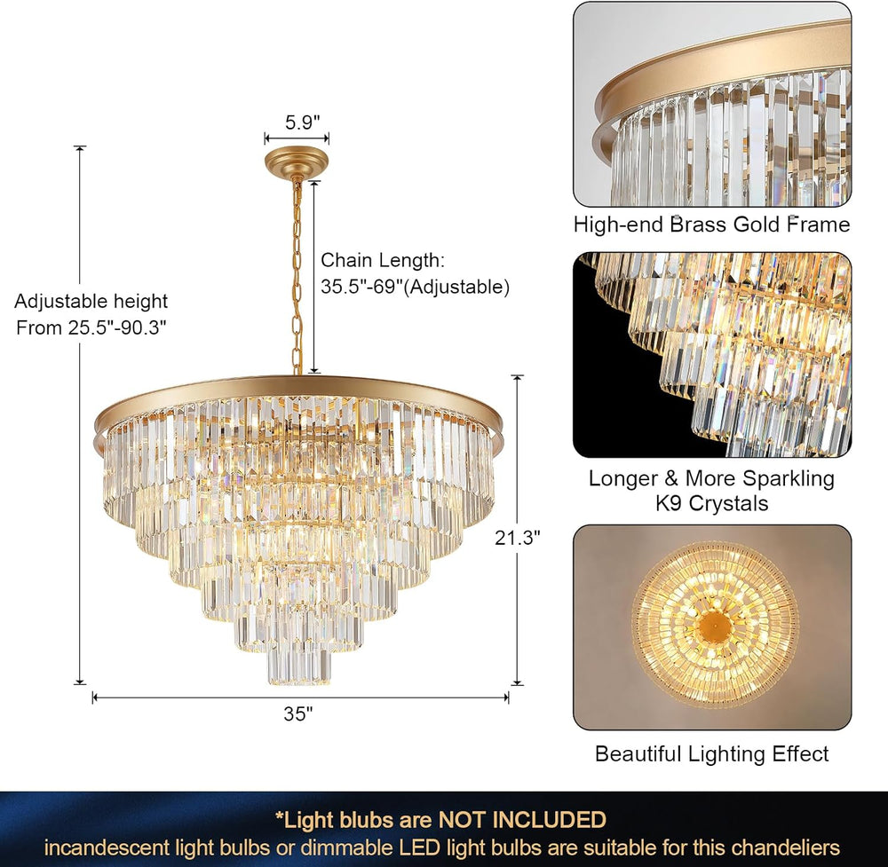 Modern Gold Crystal Chandelier 35”Large Chandeliers for High Ceiling Foyer