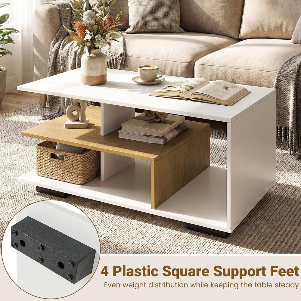 GOFLAME Rectangular Coffee Table for Living Room, 3-Tier Wood Center Table wi...