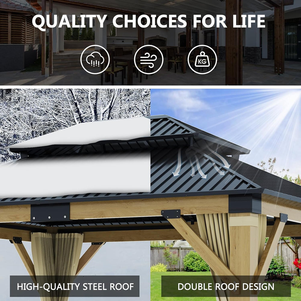11x13FT Wood Gazebo, Outdoor Wooden Gazebo with Galvanized Steel Double Roof,...