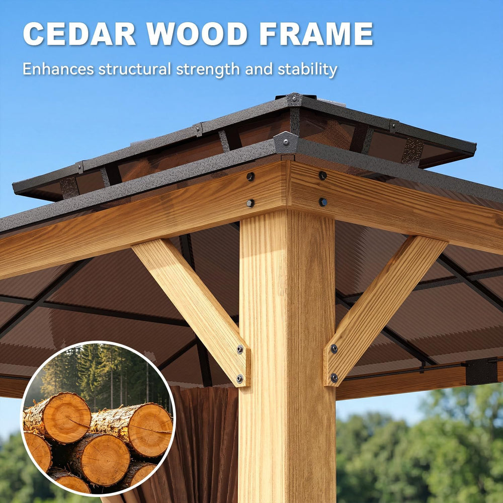 Aoxun 10' x 12' Wood Gazebo with Double Polycarbonate Roof, Natural