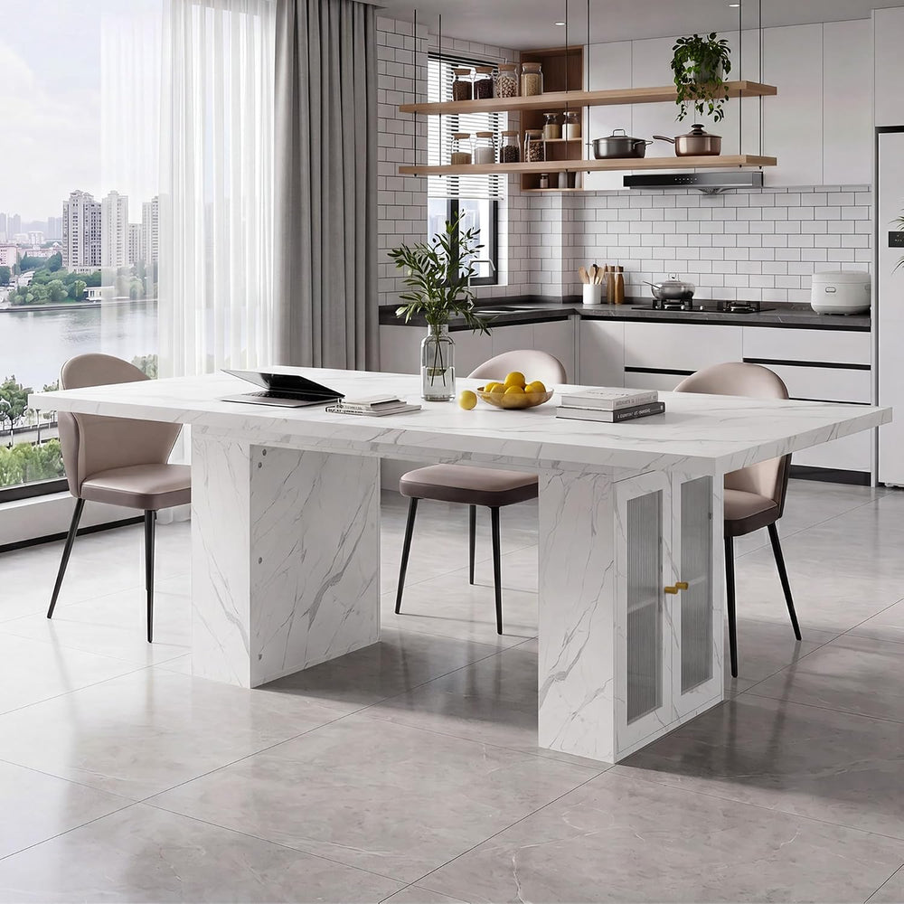51"-78" Extendable Dining Table for 4-8, White Faux Marble Dining T...