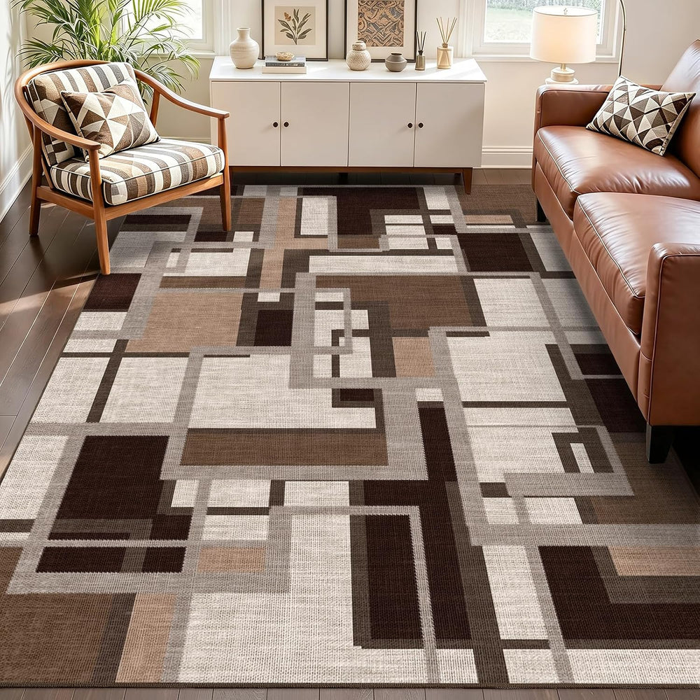Modern Geometric Area Rug for Living Room, Coffee Brown Washable Rugs 5x7