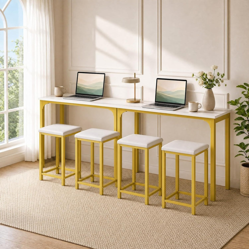 COSTWAY Dining Table Set, Counter Height Table & 2 Upholstered Stools