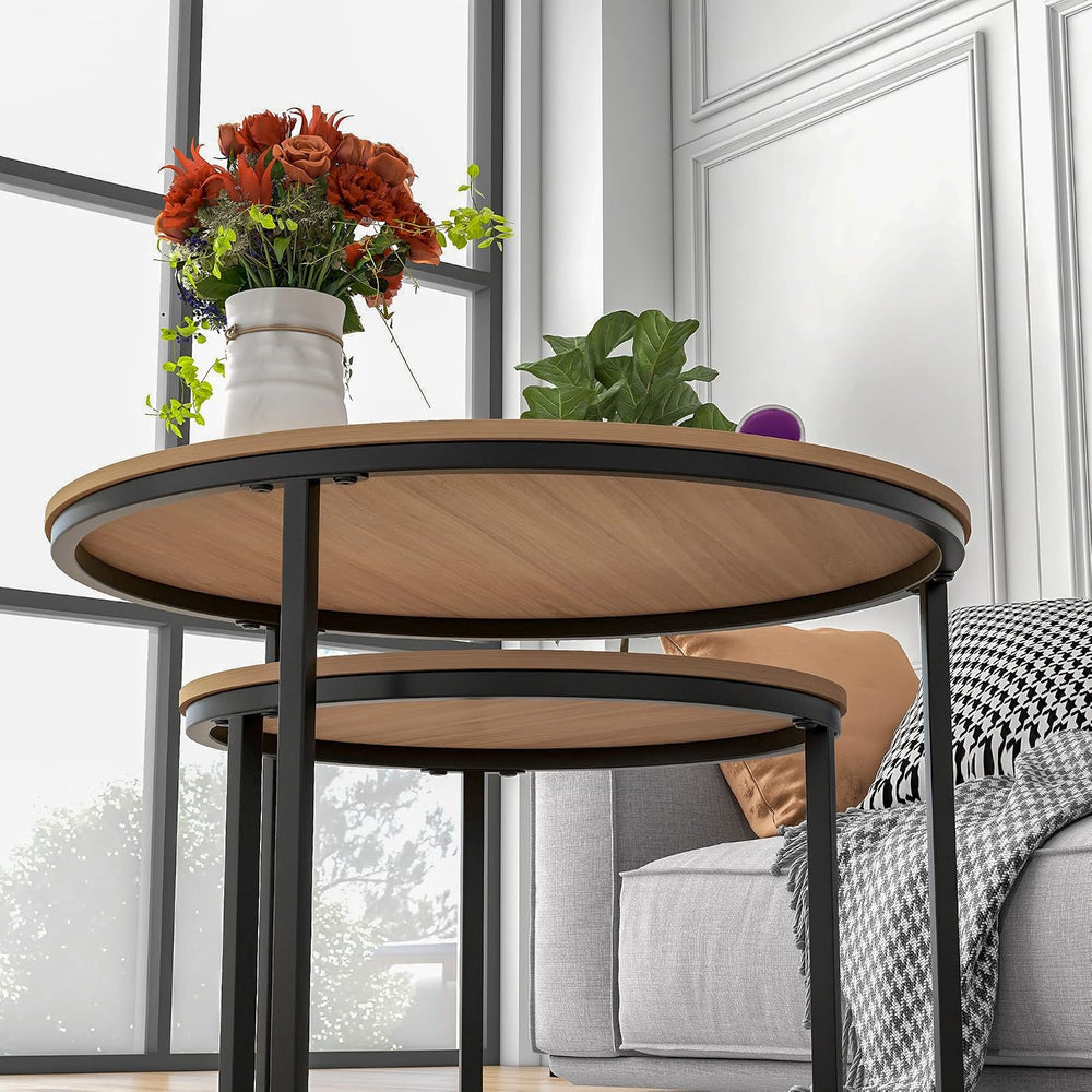 HOJINLINERO Round Nesting Coffee Table Set of 2,Cocktail Table,Large,Oak