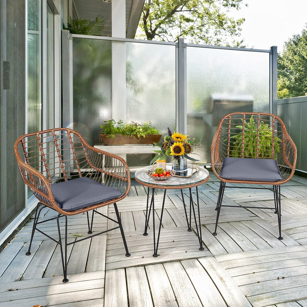 Tangkula 3 Pieces Patio Conversation Bistro Set, Outdoor Wicker Furniture w/R...
