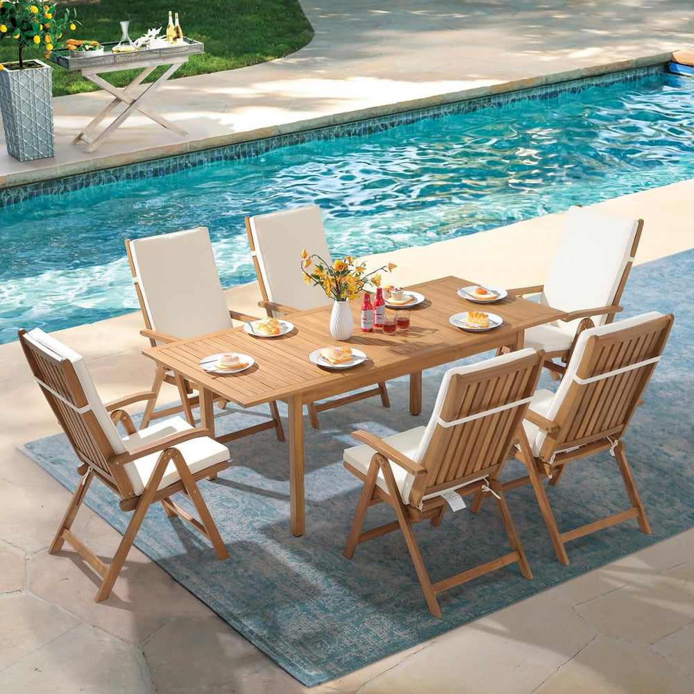 OC Orange-Casual 7 Piece Patio Dining Set, Wood Table and Chairs, Beige