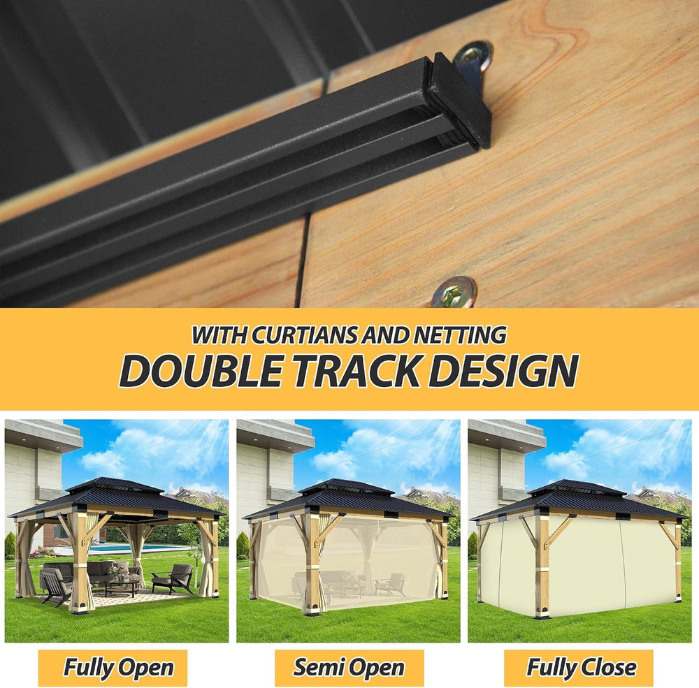 13'x15' Wood Gazebo, Outdoor Solid Wooden Gazebo with Double Roof Gal...