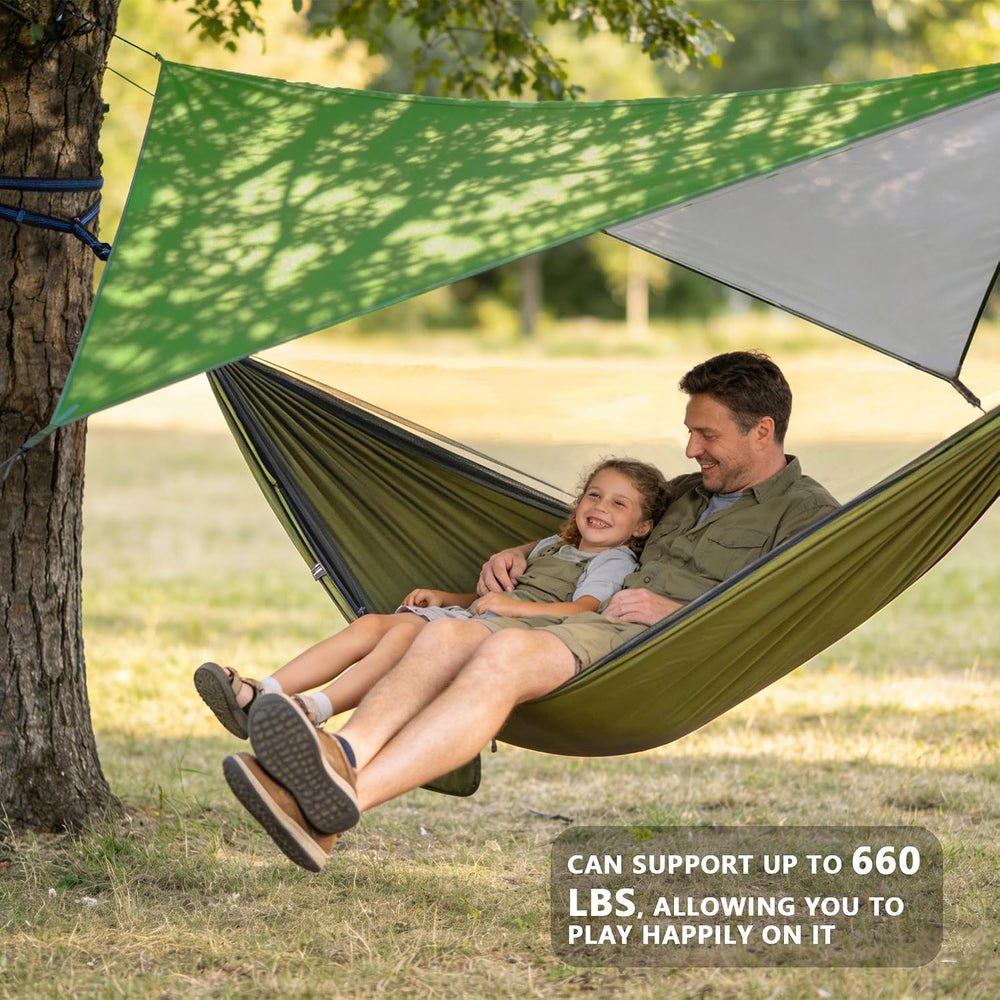 Camping Hammock with Rain Fly Tarp Mosquito Net Heavy Duty Tree Straps Portab...