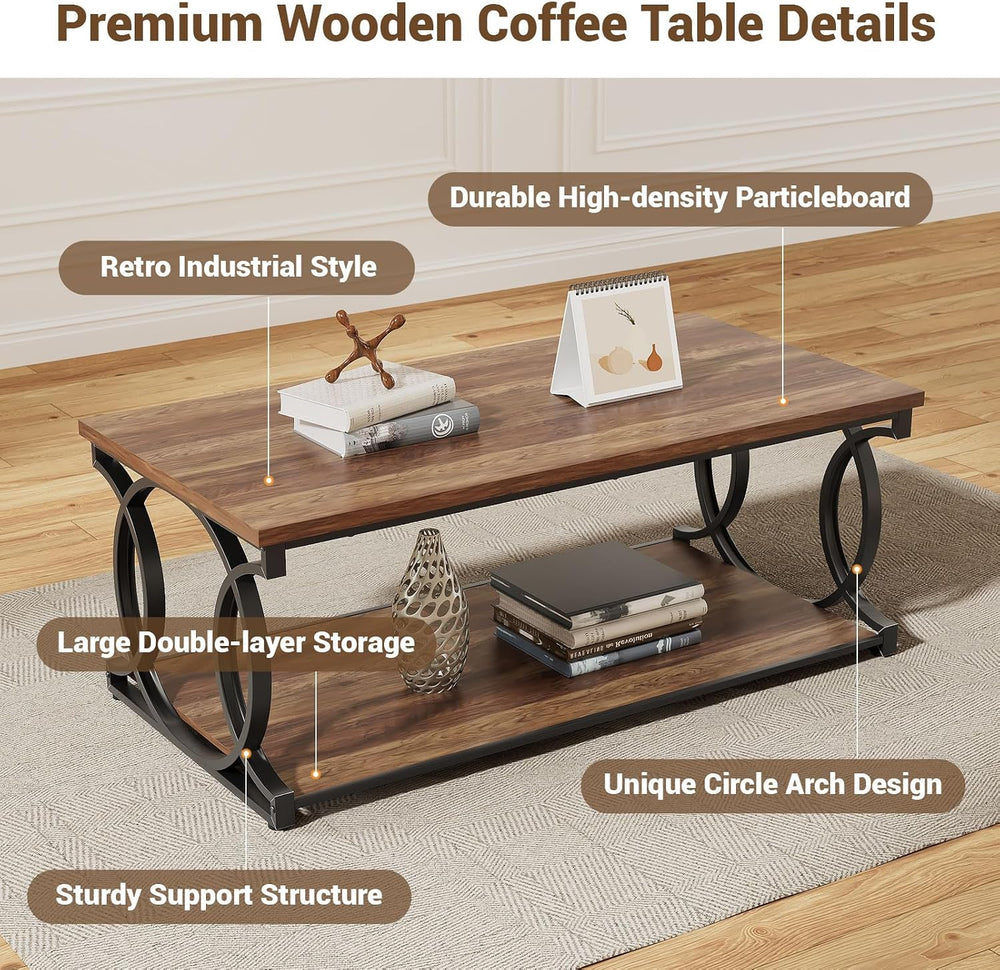 Coffee Table, 47"Brown Industrial Rustic Storage Table for Living Room