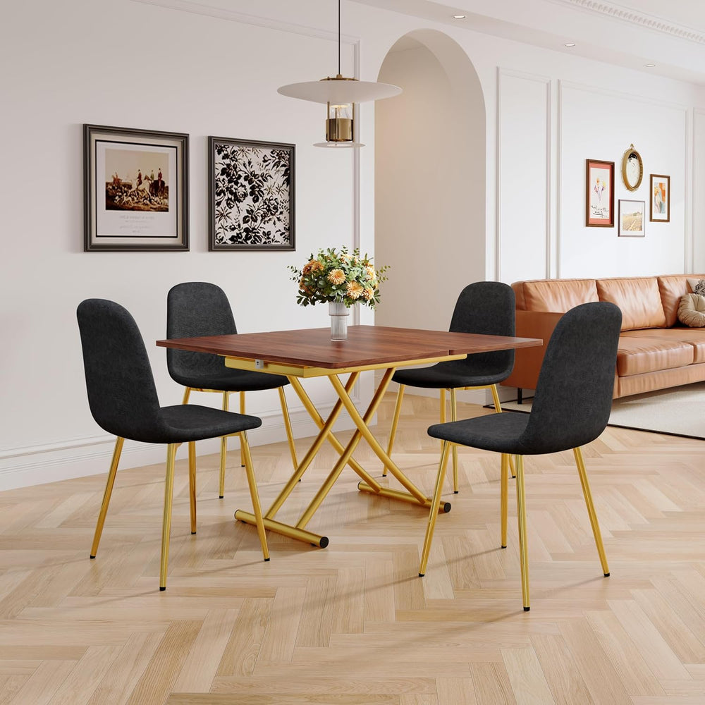 Adjustable Height Coffee Table, Folding Dining Table, Walnut&Gold