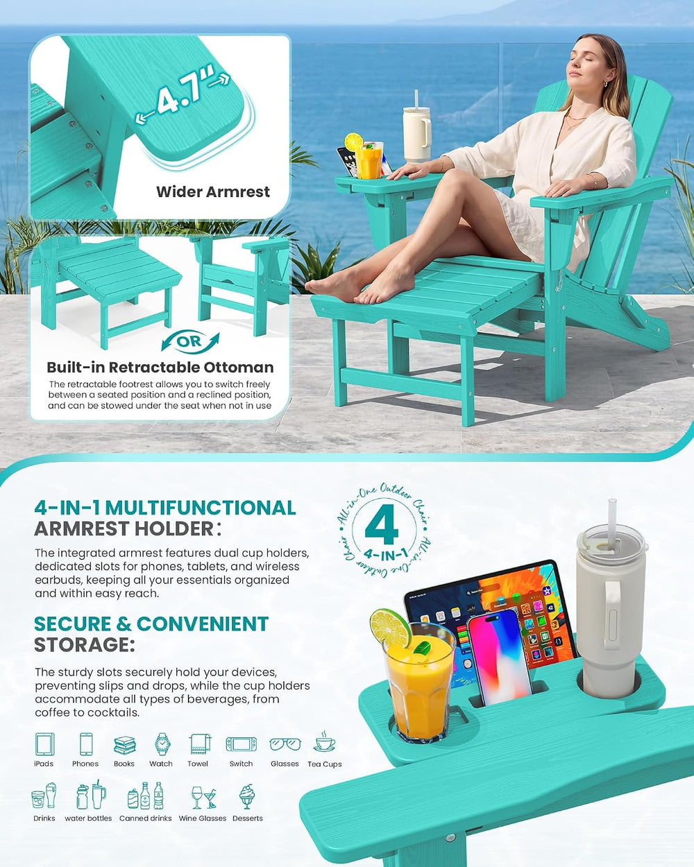 SERWALL Folding Adjustable Adirondack Chair with Footrest, HDPE Outdoor Chair...