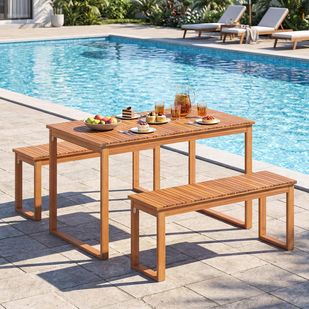 Tangkula 3 Pieces Patio Wooden Dining Set, Acacia Wood Rectangular Picnic Bee...