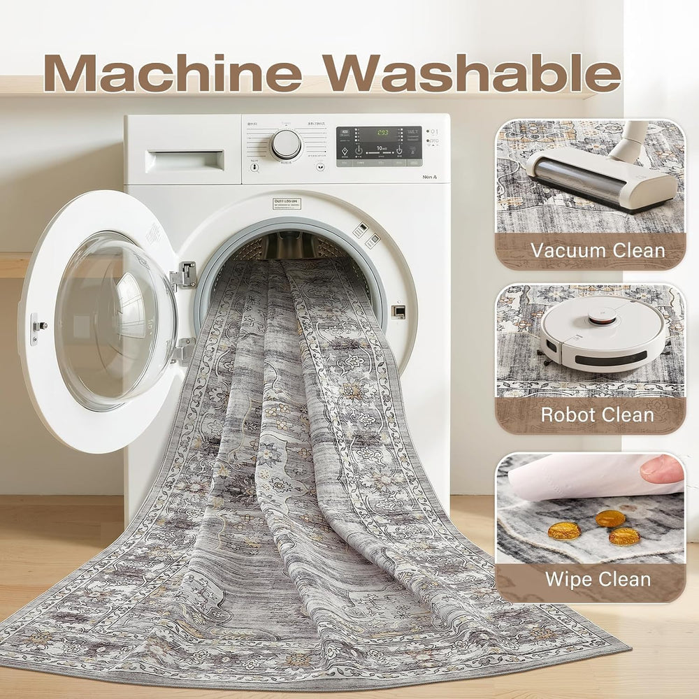 Vintage Washable 5x7 Area Rug, Non-Slip Indoor Carpet, Grey