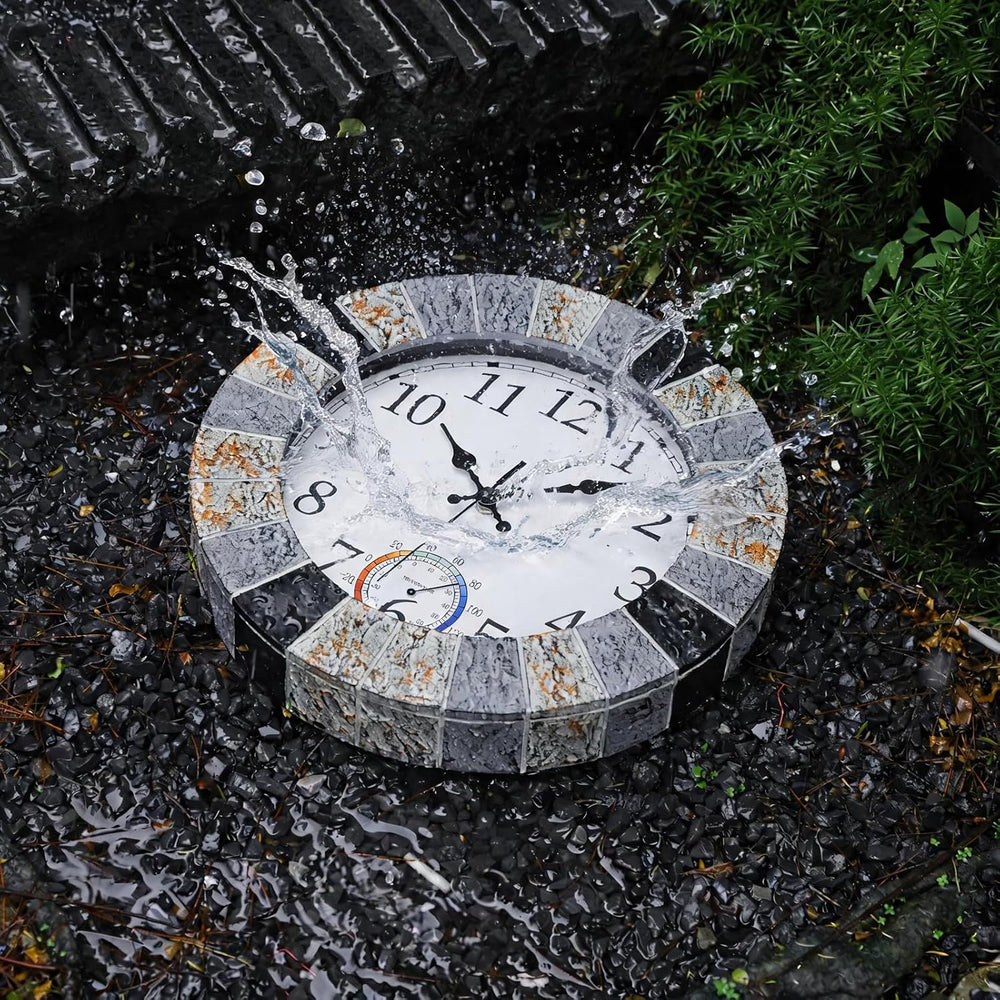 Outdoor Clock Waterproof with Thermometer, 13 Inch Silent Rustic Resin Wall C...