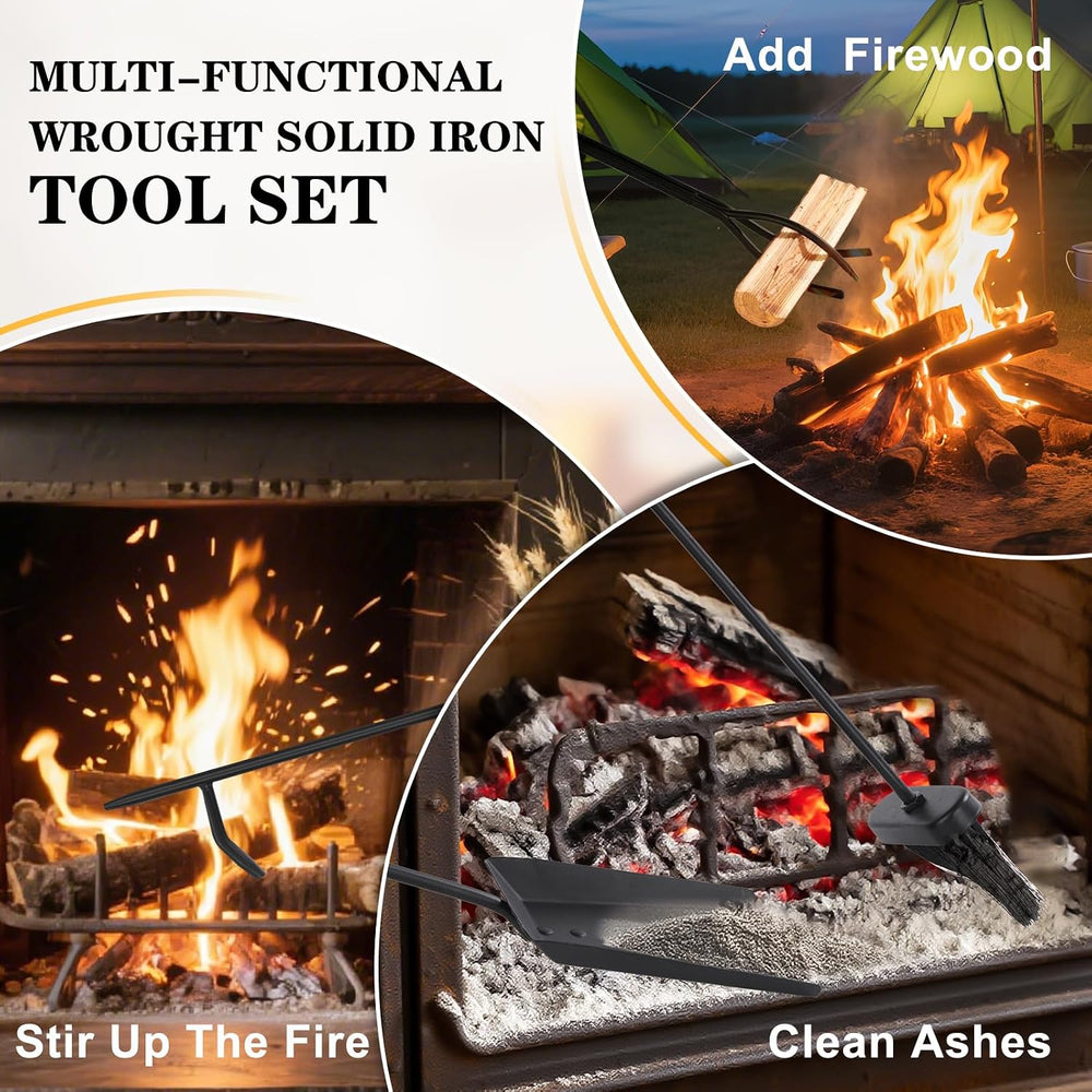 Gtongoko 35”Tall Fireplace Tools Set with Stand 5-Piece Solid Wrought Iron