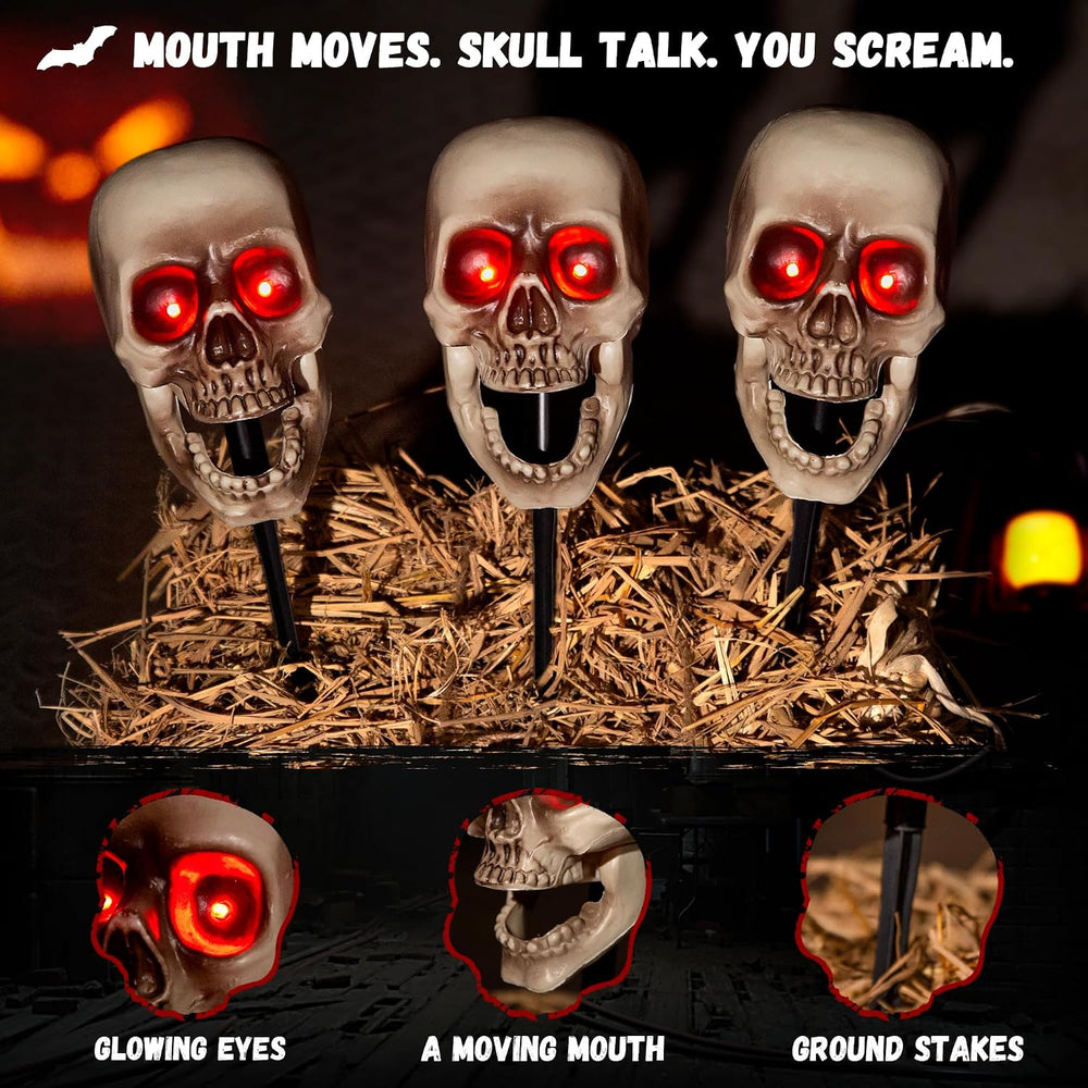 Halloween Animatronic Skull Decorations,Sound Activated Skeleton Heads with S...
