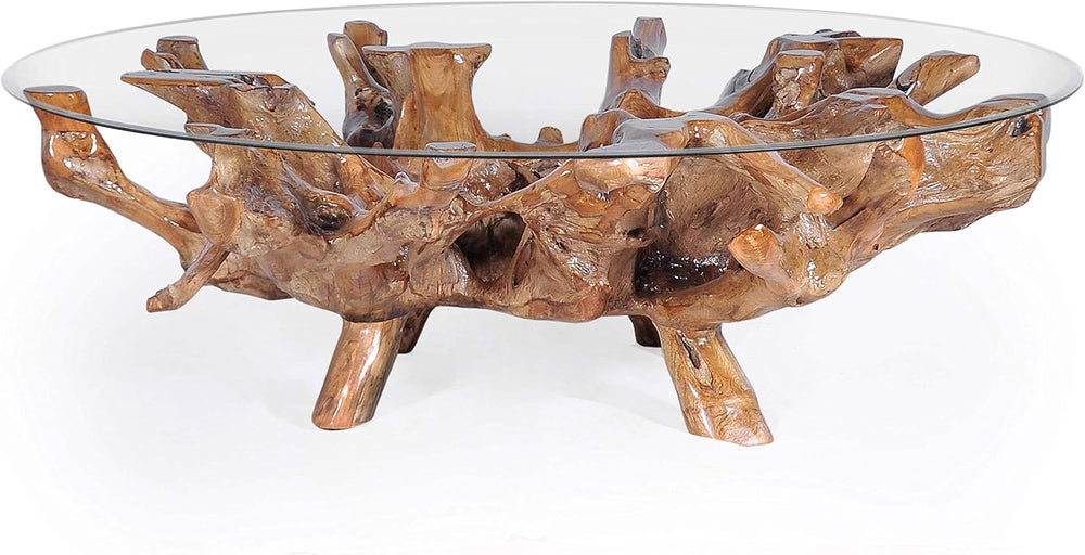 CHIC TEAK Genuine Teak Wood Root Coffee Table Including 55 Inch Round Glass T...