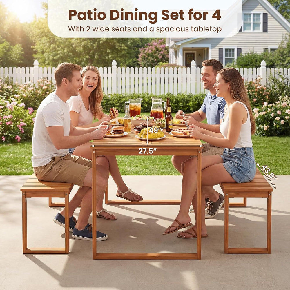 Tangkula 3 Pieces Patio Wooden Dining Set, Acacia Wood Rectangular Picnic Bee...