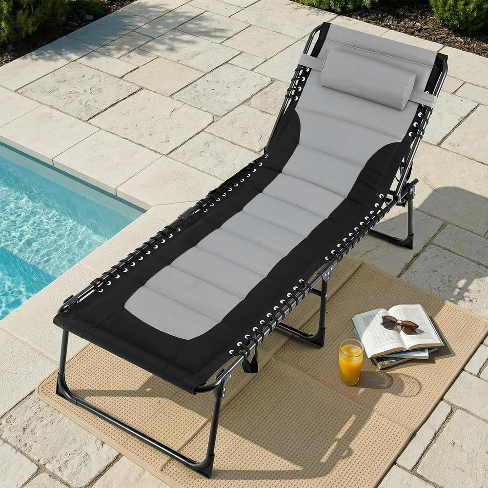TLSUNNY Padded Folding Lounge Chair with Pillow & Side Pocket