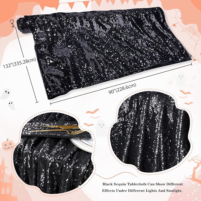 QueenDream Seamless Sequin Tablecloth 90x132 Inch Black Rectangular Tableclot...