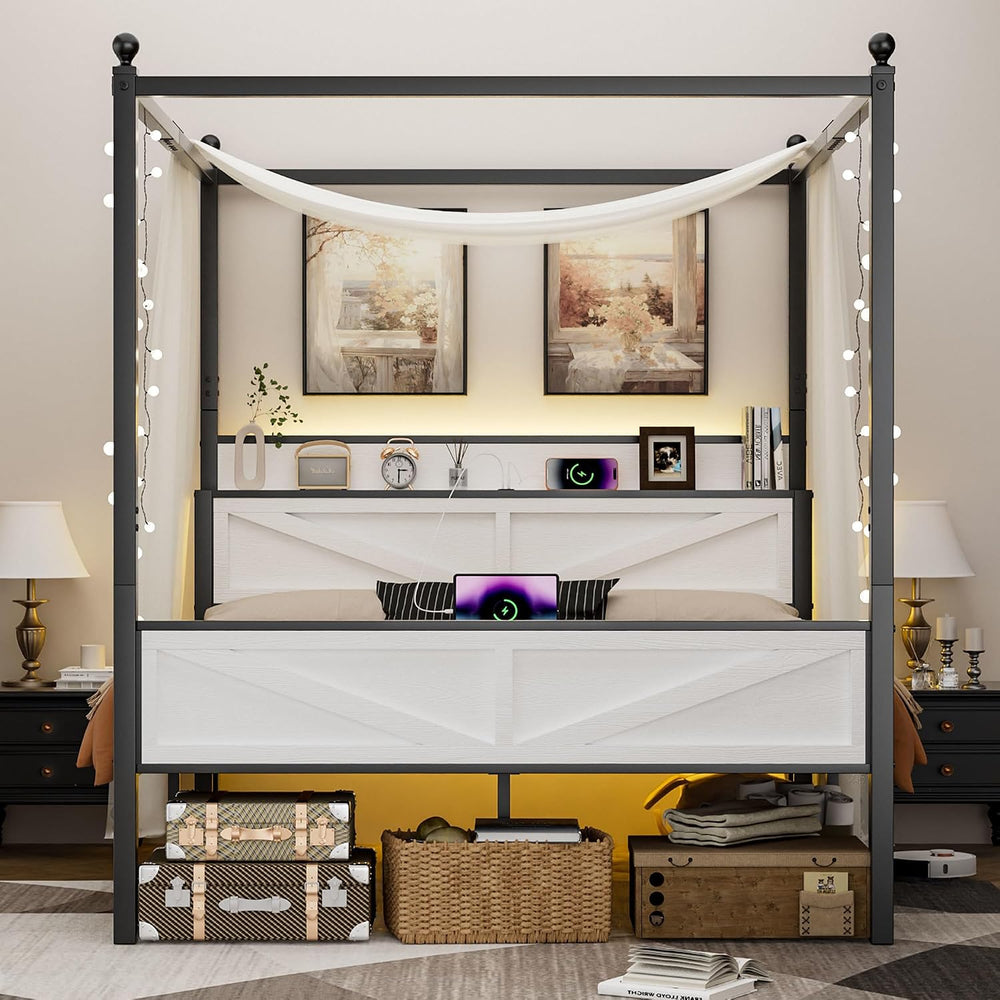 Canopy Bed Frame Full Size with Storage Headboard, White