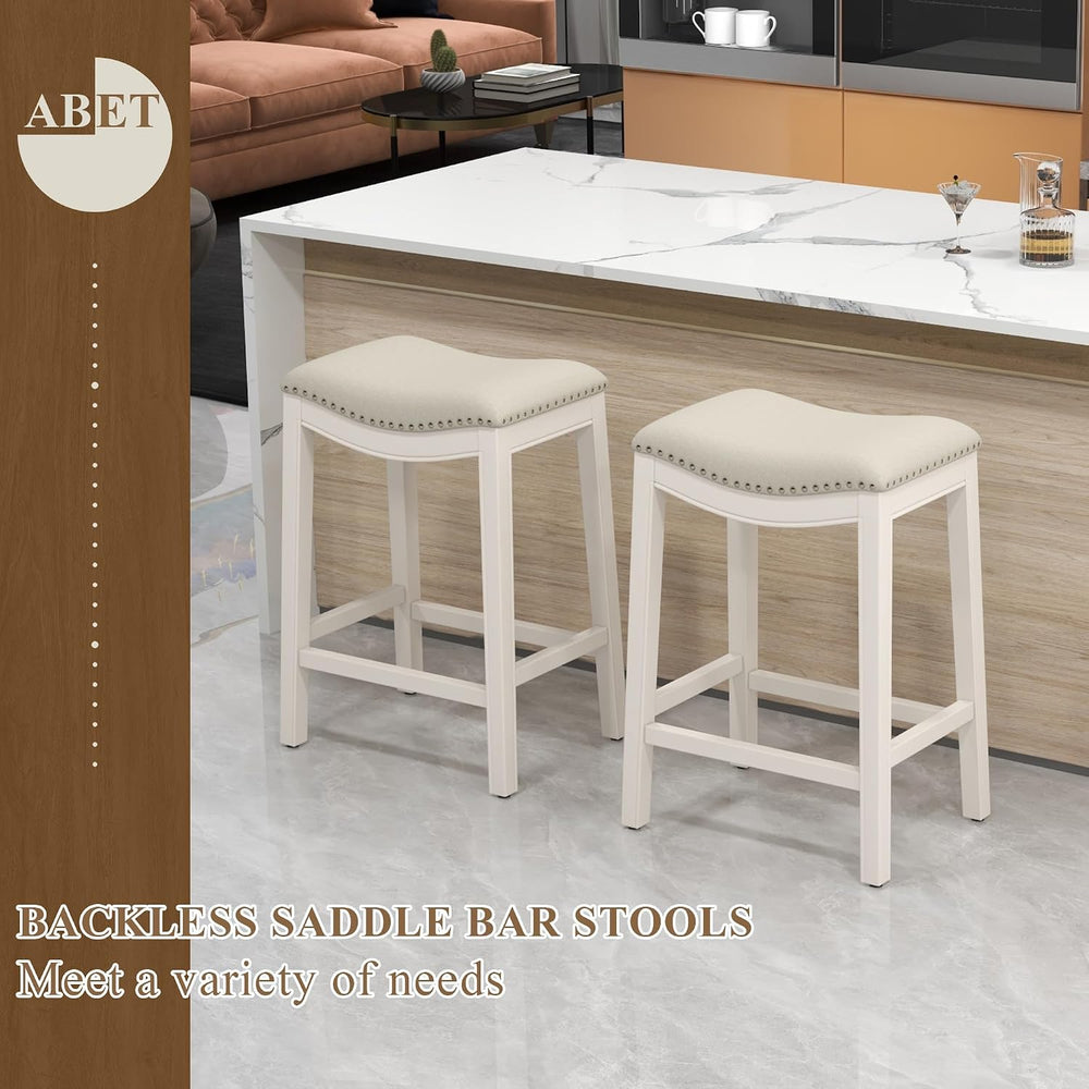27" Backless Saddle Counter Stools Set of 4, Hand-brushed Wood Finish Legs